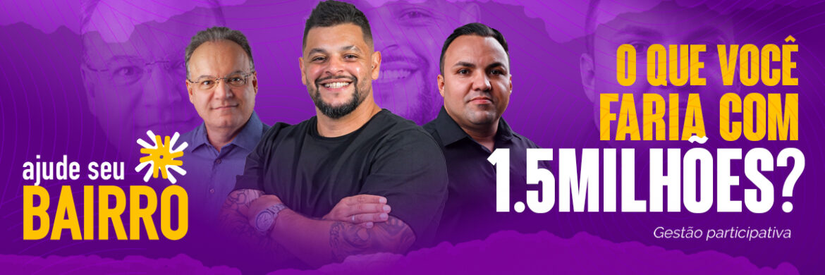 Imagem com o texto 'O QUE VOCÊ FARIA COM 1.5MILHÕES? Ajude seu BAIRRO. Gestão participativa'. A imagem contém um cartaz com fundo branco e letras pretas. No topo do cartaz, em letras grandes, está escrito 'O QUE VOCÊ FARIA COM 1.5MILHÕES?'. Abaixo, em letras menores, está escrito 'Ajude seu BAIRRO'. Na parte inferior do cartaz, está escrito 'Gestão participativa'.